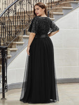 ever SAPHIR|Women's A-Line Sequin Leaf Maxi Prom Dress with Sleeves