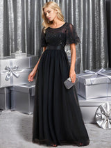 ever SAPHIR|Women's A-Line Sequin Leaf Maxi Prom Dress with Sleeves