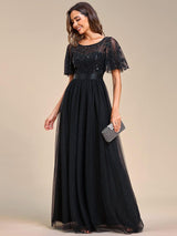 ever SAPHIR|Women's A-Line Sequin Leaf Maxi Prom Dress with Sleeves