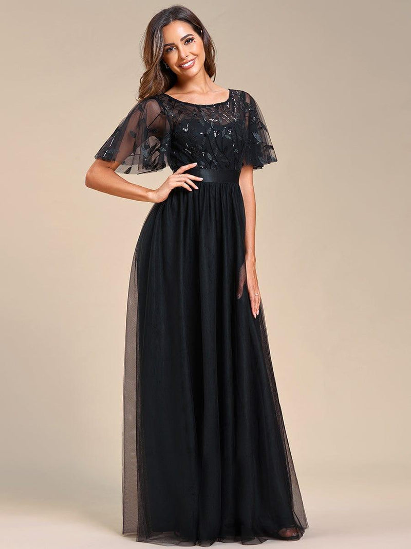 ever SAPHIR|Women's A-Line Sequin Leaf Maxi Prom Dress with Sleeves