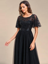 ever SAPHIR|Women's A-Line Sequin Leaf Maxi Prom Dress with Sleeves