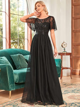 ever SAPHIR|Women's A-Line Sequin Leaf Maxi Prom Dress with Sleeves