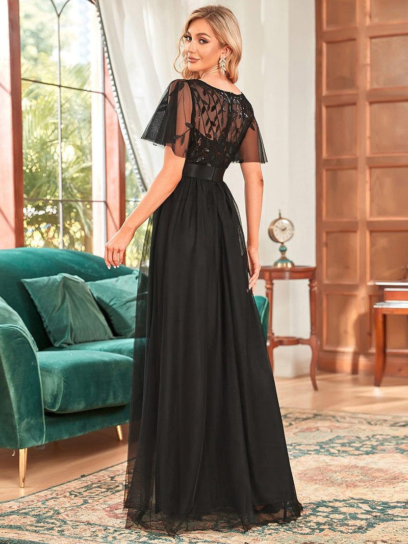 ever SAPHIR|Women's A-Line Sequin Leaf Maxi Prom Dress with Sleeves