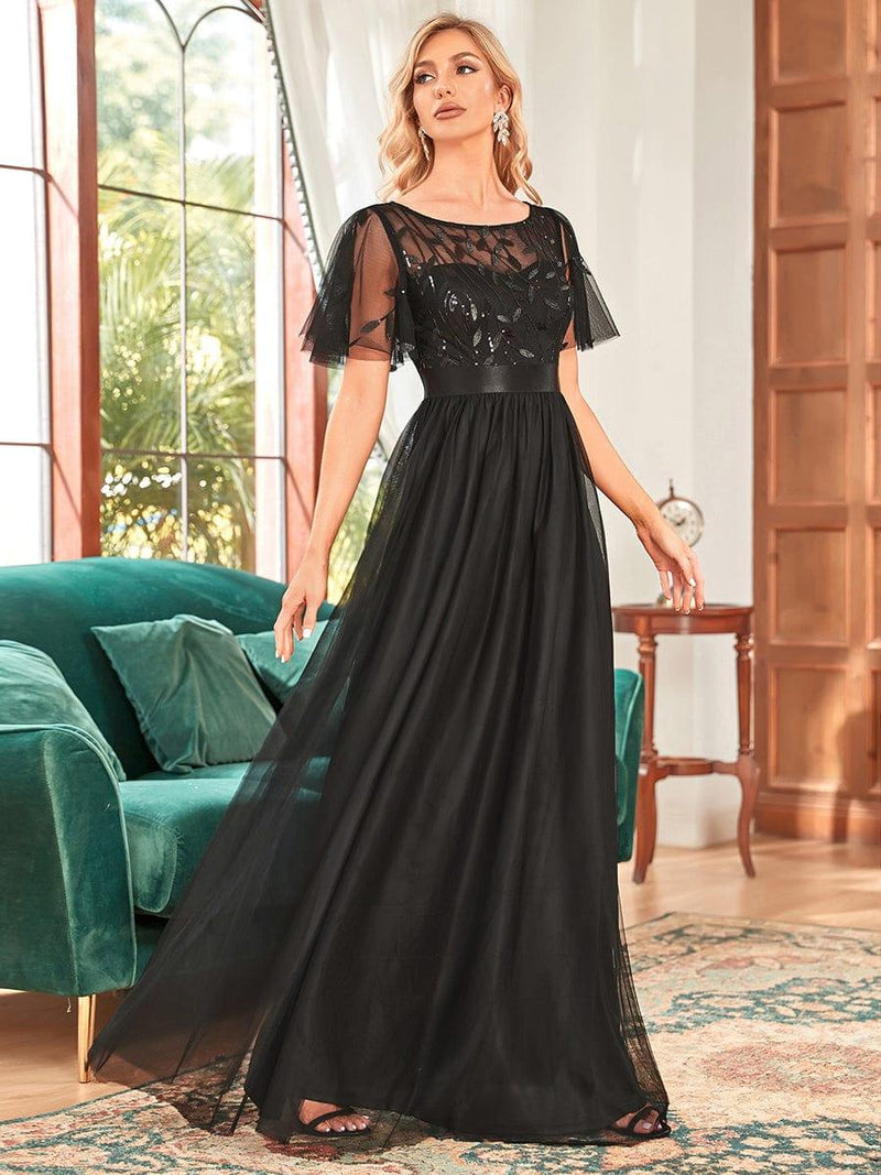 ever SAPHIR|Women's A-Line Sequin Leaf Maxi Prom Dress with Sleeves