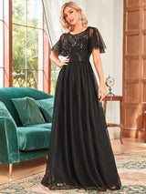 ever SAPHIR|Women's A-Line Sequin Leaf Maxi Prom Dress with Sleeves