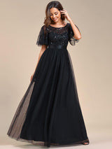 ever SAPHIR|Women's A-Line Sequin Leaf Maxi Prom Dress with Sleeves