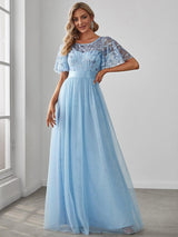 ever SAPHIR|Women's A-Line Sequin Leaf Maxi Prom Dress with Sleeves
