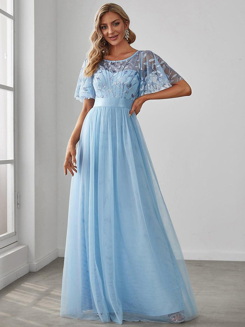 ever SAPHIR|Women's A-Line Sequin Leaf Maxi Prom Dress with Sleeves