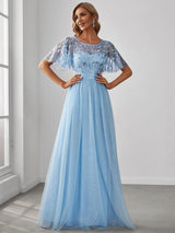 ever SAPHIR|Women's A-Line Short Sleeve Embroidery Floor Length Evening Dresses