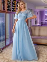 ever SAPHIR|Women's A-Line Sequin Leaf Maxi Prom Dress with Sleeves