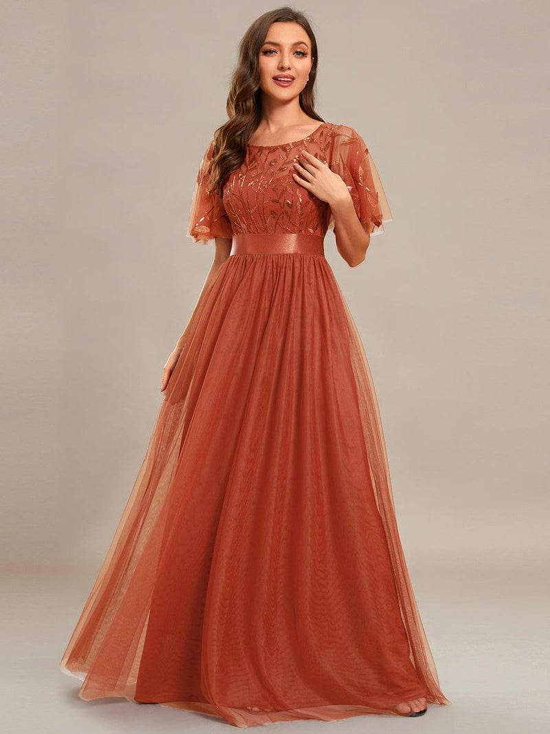 ever SAPHIR|Women's A-Line Sequin Leaf Maxi Prom Dress with Sleeves