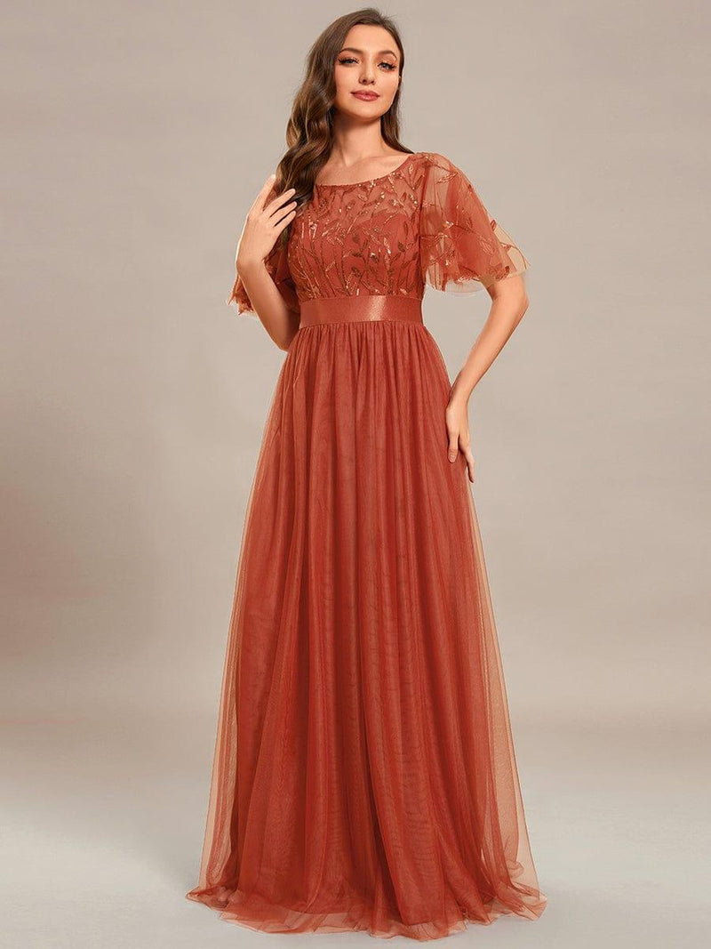 ever SAPHIR|Women's A-Line Sequin Leaf Maxi Prom Dress with Sleeves