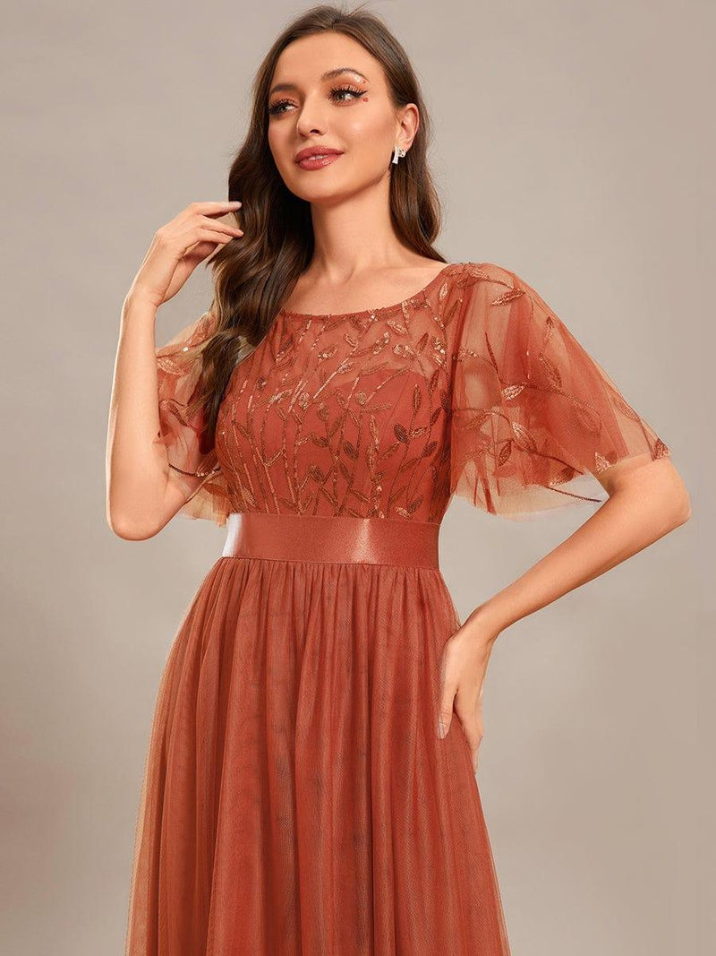 ever SAPHIR|Women's A-Line Sequin Leaf Maxi Prom Dress with Sleeves