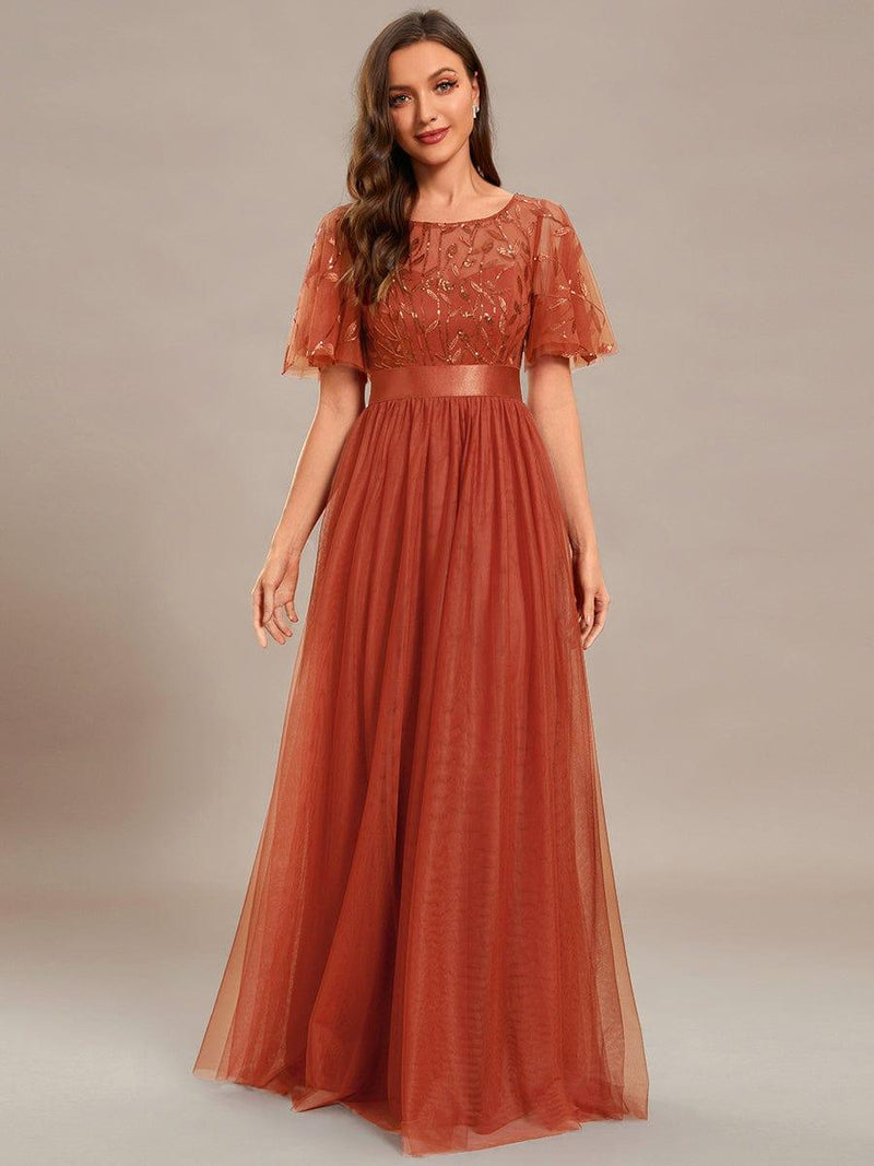 ever SAPHIR|Women's A-Line Sequin Leaf Maxi Prom Dress with Sleeves