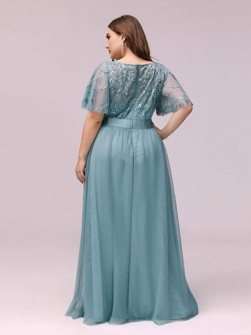 ever SAPHIR|Women's A-Line Sequin Leaf Maxi Prom Dress with Sleeves