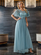 ever SAPHIR|Women's A-Line Sequin Leaf Maxi Prom Dress with Sleeves