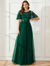 ever SAPHIR|Women's A-Line Sequin Leaf Maxi Prom Dress with Sleeves