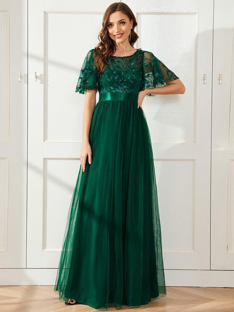 ever SAPHIR|Women's A-Line Sequin Leaf Maxi Prom Dress with Sleeves