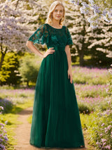 ever SAPHIR|Women's A-Line Sequin Leaf Maxi Prom Dress with Sleeves