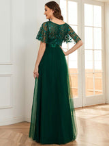ever SAPHIR|Women's A-Line Sequin Leaf Maxi Prom Dress with Sleeves