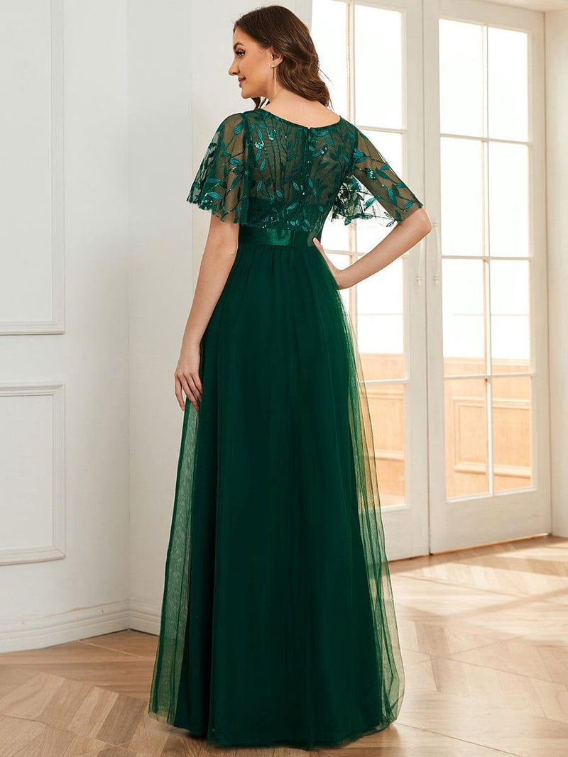 ever SAPHIR|Women's A-Line Sequin Leaf Maxi Prom Dress with Sleeves