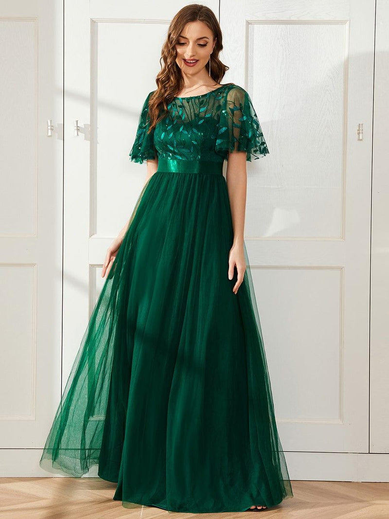 ever SAPHIR|Women's A-Line Sequin Leaf Maxi Prom Dress with Sleeves