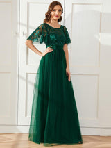 ever SAPHIR|Women's A-Line Sequin Leaf Maxi Prom Dress with Sleeves