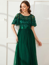 ever SAPHIR|Women's A-Line Sequin Leaf Maxi Prom Dress with Sleeves