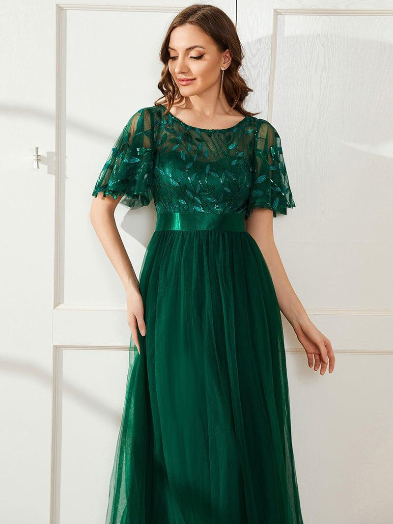 ever SAPHIR|Women's A-Line Sequin Leaf Maxi Prom Dress with Sleeves