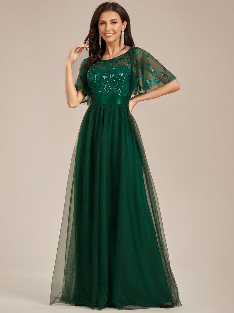 ever SAPHIR|Women's A-Line Sequin Leaf Maxi Prom Dress with Sleeves
