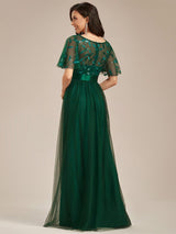ever SAPHIR|Women's A-Line Sequin Leaf Maxi Prom Dress with Sleeves