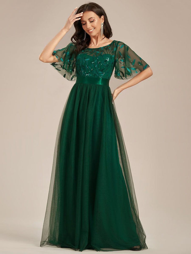 ever SAPHIR|Women's A-Line Sequin Leaf Maxi Prom Dress with Sleeves