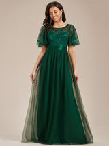 ever SAPHIR|Women's A-Line Sequin Leaf Maxi Prom Dress with Sleeves