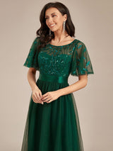 ever SAPHIR|Women's A-Line Sequin Leaf Maxi Prom Dress with Sleeves