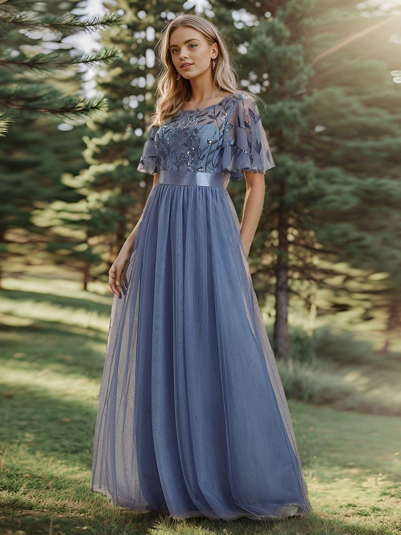 ever SAPHIR|Women's A-Line Sequin Leaf Maxi Prom Dress with Sleeves