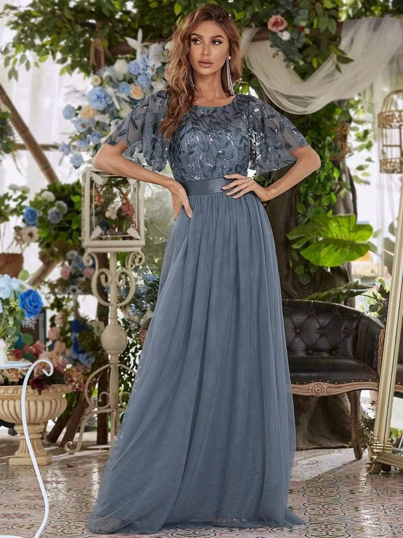 ever SAPHIR|Women's A-Line Sequin Leaf Maxi Prom Dress with Sleeves