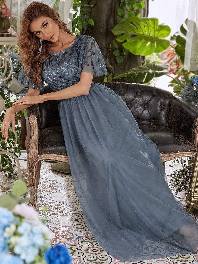 ever SAPHIR|Women's A-Line Sequin Leaf Maxi Prom Dress with Sleeves