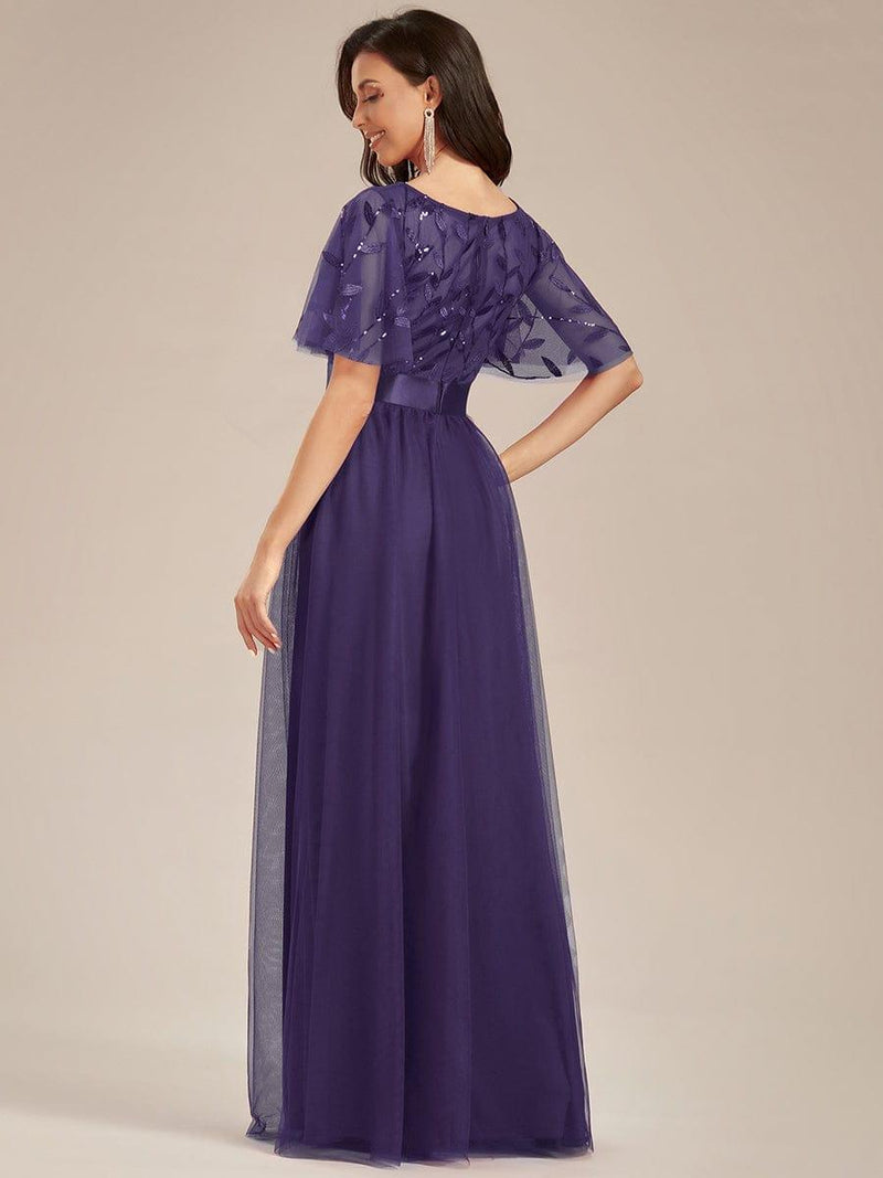 ever SAPHIR|Women's A-Line Sequin Leaf Maxi Prom Dress with Sleeves