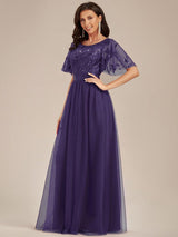 ever SAPHIR|Women's A-Line Sequin Leaf Maxi Prom Dress with Sleeves