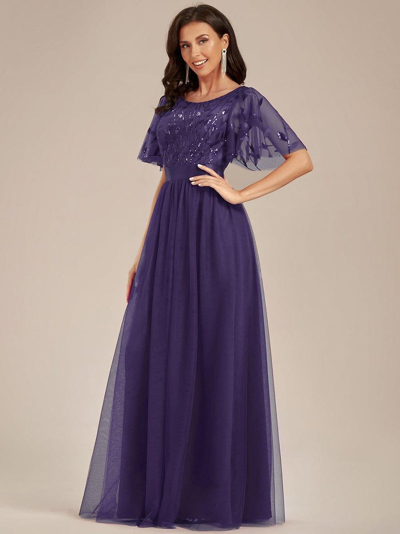 ever SAPHIR|Women's A-Line Sequin Leaf Maxi Prom Dress with Sleeves