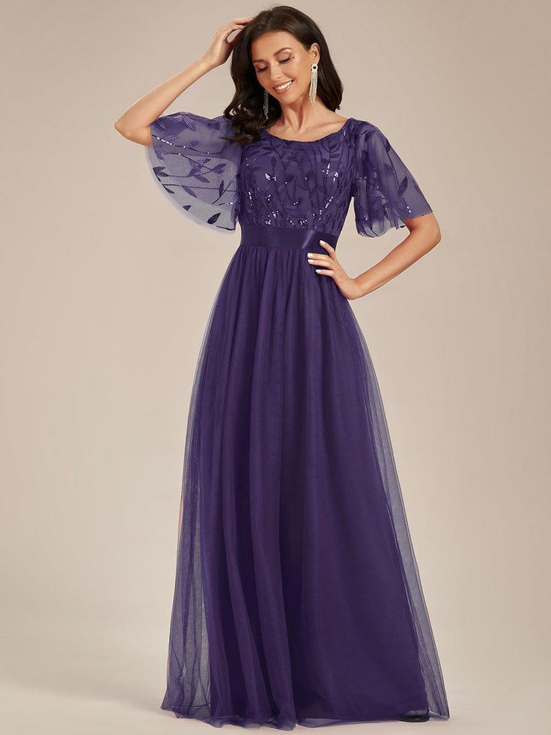 ever SAPHIR|Women's A-Line Sequin Leaf Maxi Prom Dress with Sleeves