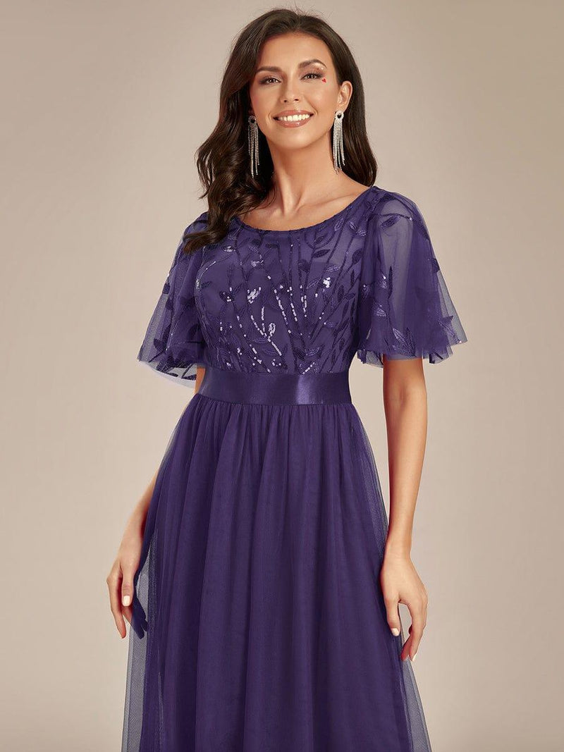 ever SAPHIR|Women's A-Line Sequin Leaf Maxi Prom Dress with Sleeves