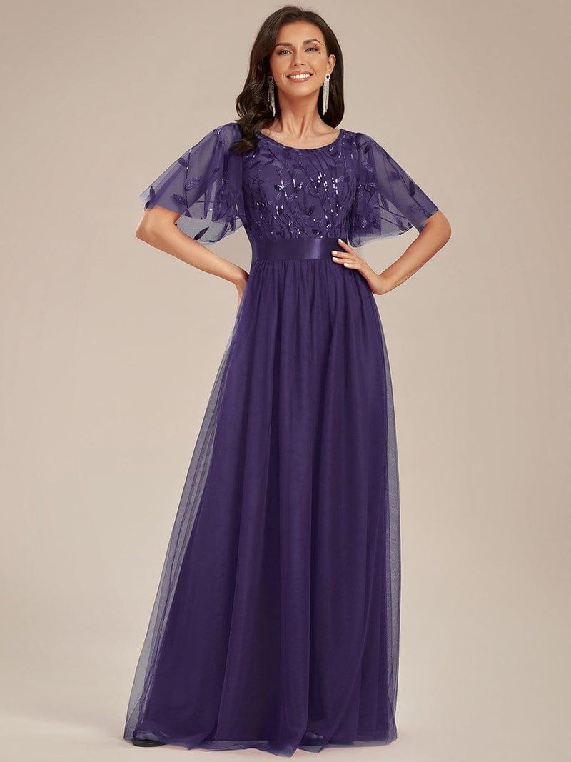 ever SAPHIR|Women's A-Line Sequin Leaf Maxi Prom Dress with Sleeves