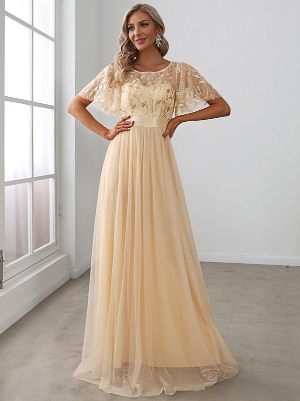 ever SAPHIR|Women's A-Line Sequin Leaf Maxi Prom Dress with Sleeves