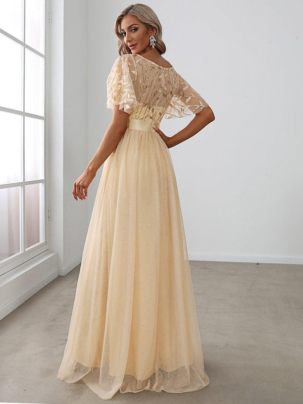 ever SAPHIR|Women's A-Line Sequin Leaf Maxi Prom Dress with Sleeves