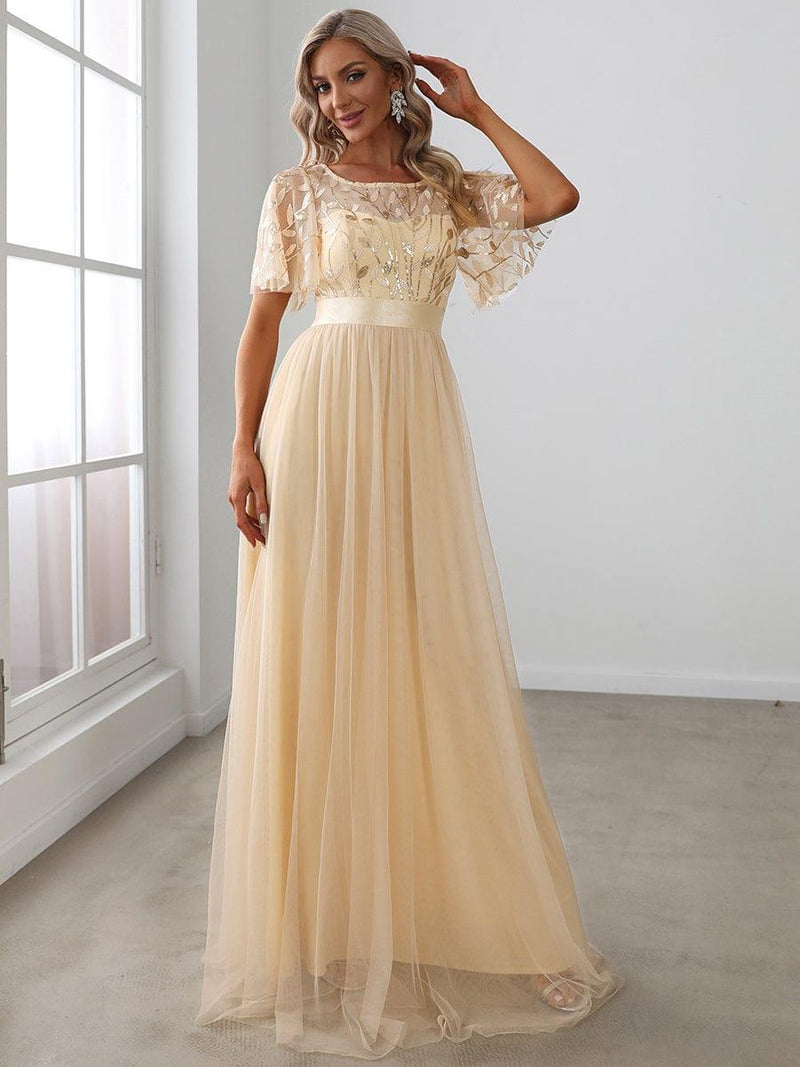 ever SAPHIR|Women's A-Line Sequin Leaf Maxi Prom Dress with Sleeves