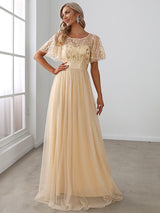 ever SAPHIR|Women's A-Line Sequin Leaf Maxi Prom Dress with Sleeves