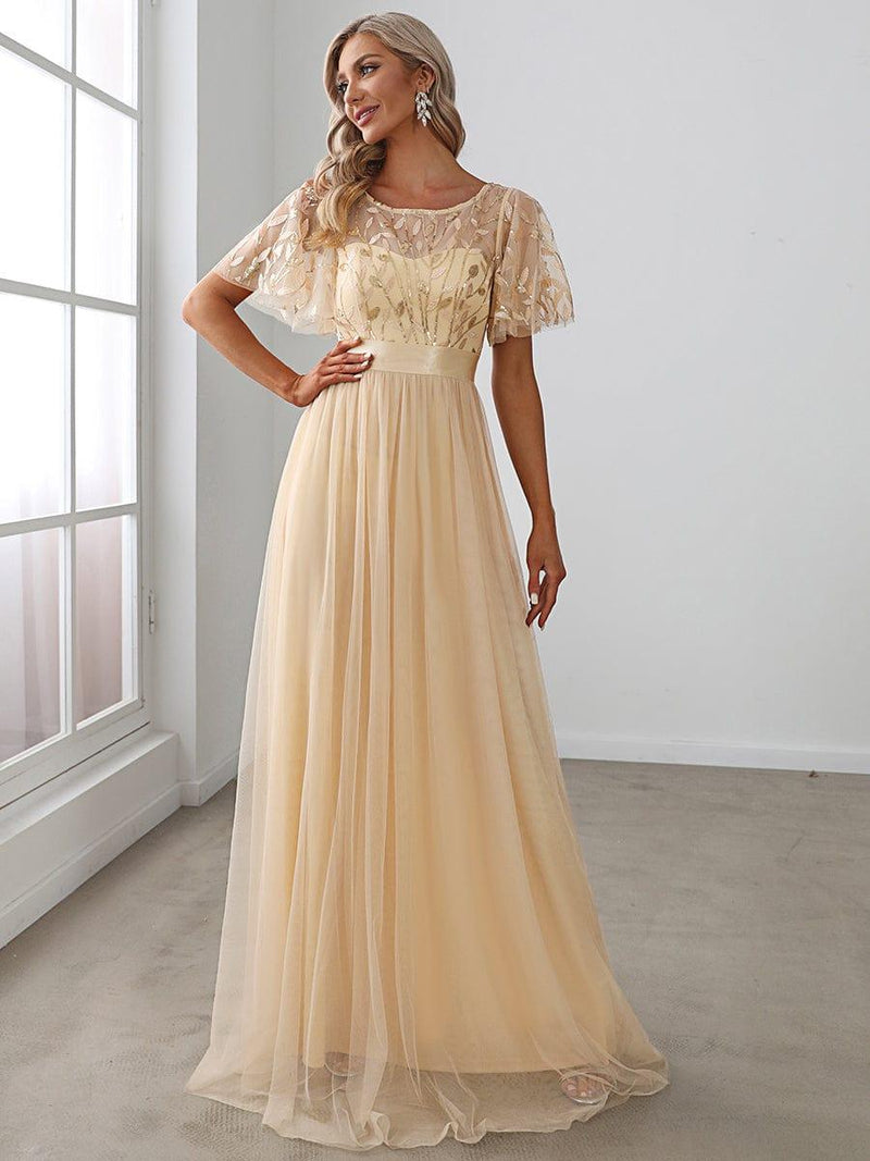 ever SAPHIR|Women's A-Line Sequin Leaf Maxi Prom Dress with Sleeves