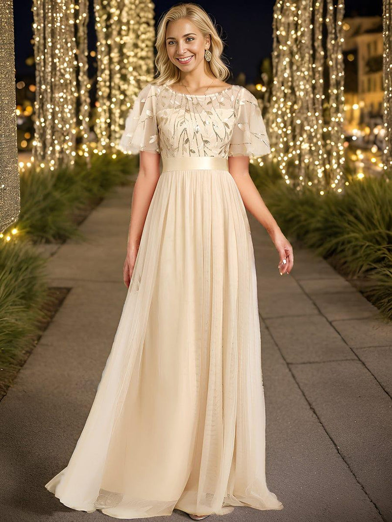 ever SAPHIR|Women's A-Line Sequin Leaf Maxi Prom Dress with Sleeves