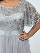 ever SAPHIR|Women's A-Line Sequin Leaf Maxi Prom Dress with Sleeves